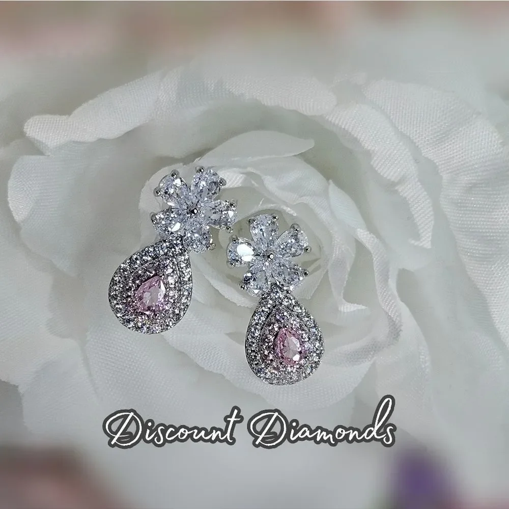 Pink Pear Cut & White Topaz Earrings 925 Sterling Silver